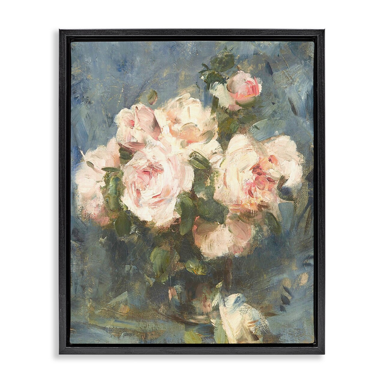 Stupell Industries Vintage Pink Roses Blue Background Black Framed Floater Canvas Wall Art, design by Leah Straatsma